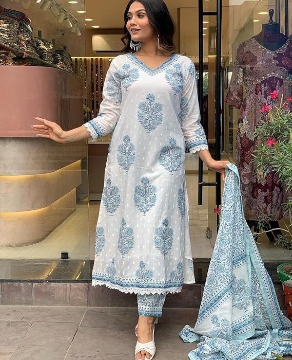 Nermosa Women Cotton Block Printed Kurta Pant With Dupatta