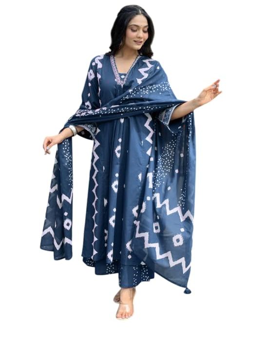 Rangnavi Women's Cotton Anarkali Printed V-Neck Kurta with Palazzo & Dupatta