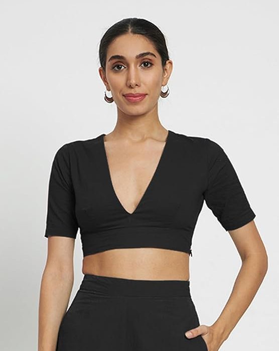 Thevasa Women's Everyday Divine Depth V Neck Half Sleeves Blouse