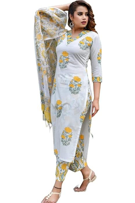 KLOSIA Women Viscose Straight Block Printed Kurta Pant With Dupatta