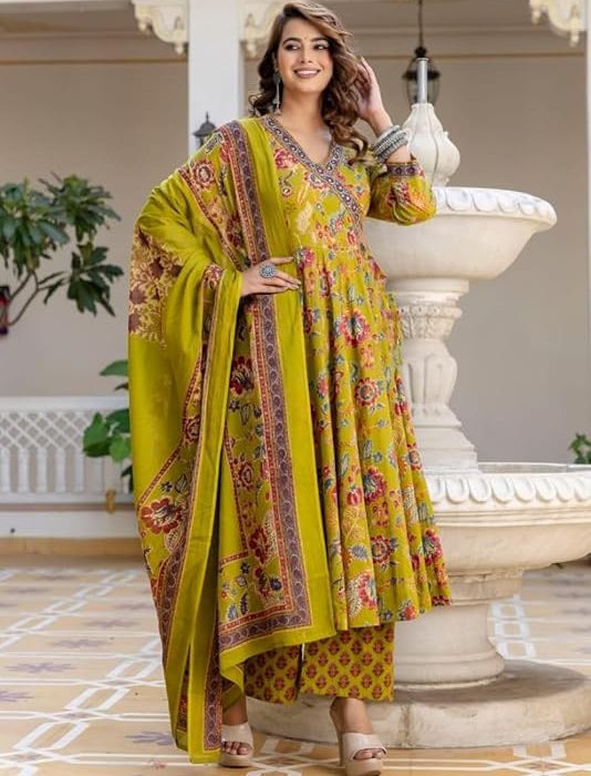 Nermosa Women Printed Anarkali Kurta and Pant Set with Dupatta