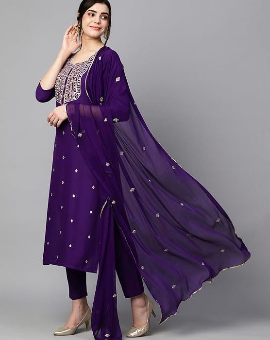 GoSriKi Women’s Cotton Blend Embroidered Kurta Set with Pant & Dupatta