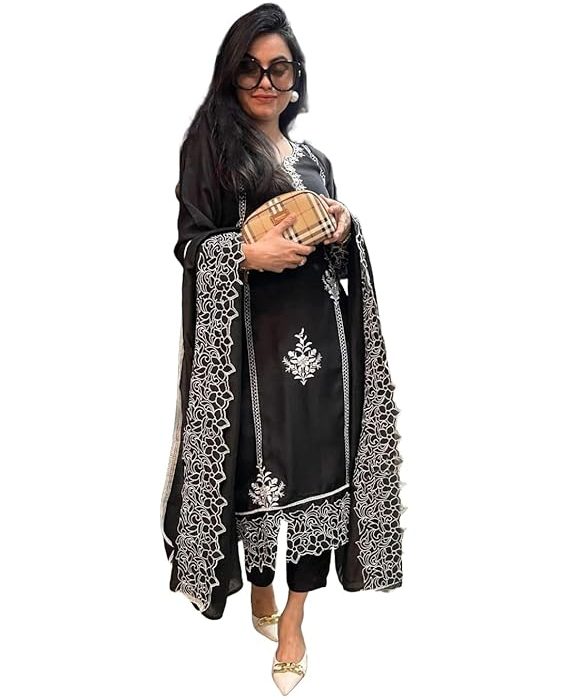 GoSriKi Women's Rayon Blend Straight Embroidered Kurta with Pant & Dupatta