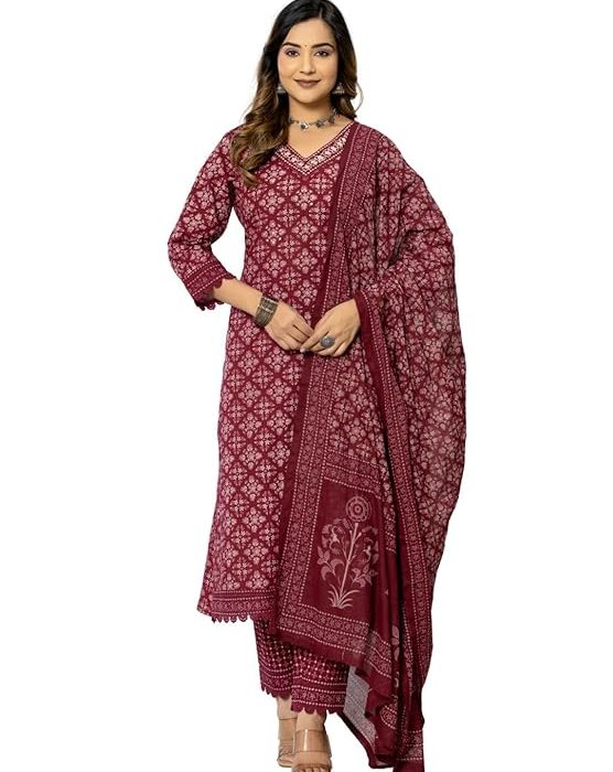 Amayra Women's Cotton Printed Straight Kurta with Pant and Dupatta Set