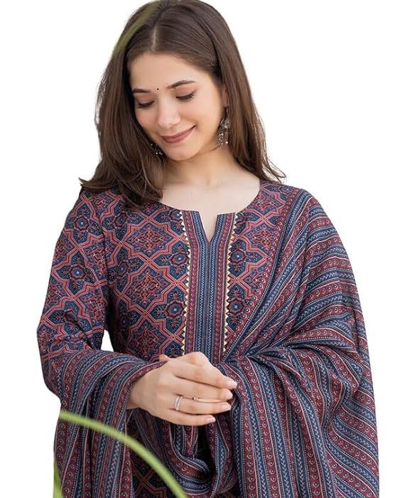 Vaamsi Women's Ethnic Motifs Straight Printed Kurta Pant With Dupatta Set | kurta sets for woman
