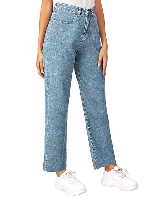 KOTTY Womens Solid High Rise Cotton Lycra Blend Relaxed Fit Ankle Length Jeans