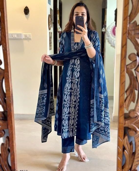 Rangnavi Women's Cotton Anarkali Printed Kurta with Palazzo & Dupatta Set