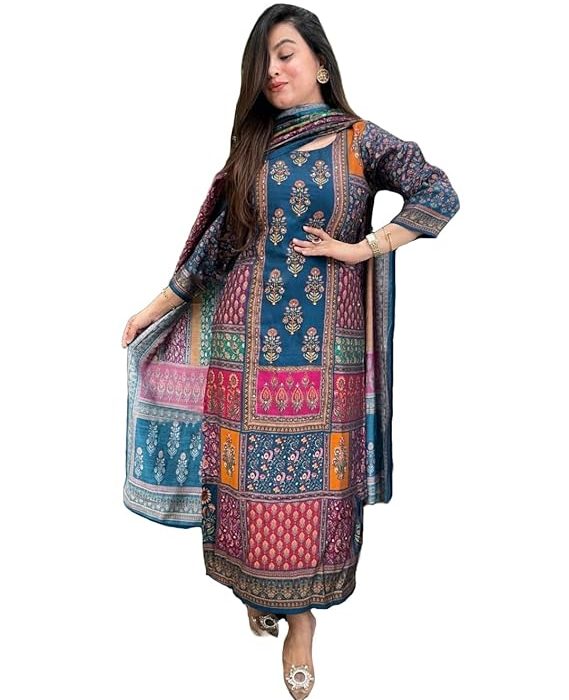 GoSriKi Women's Silk Blend Straight Printed Kurta with Pant & Dupatta