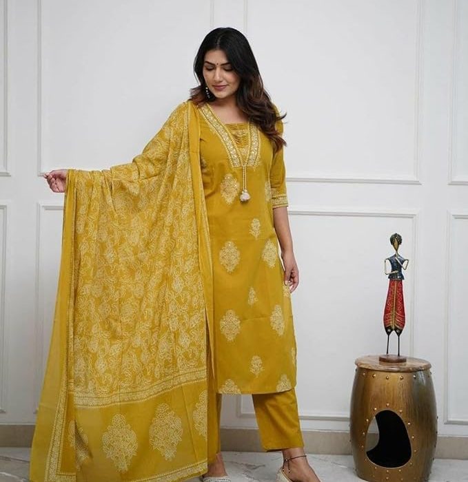 PARTHVI|Women's Pure Cotton Printed with Handwork Kurta with Pants and Dupatta Set