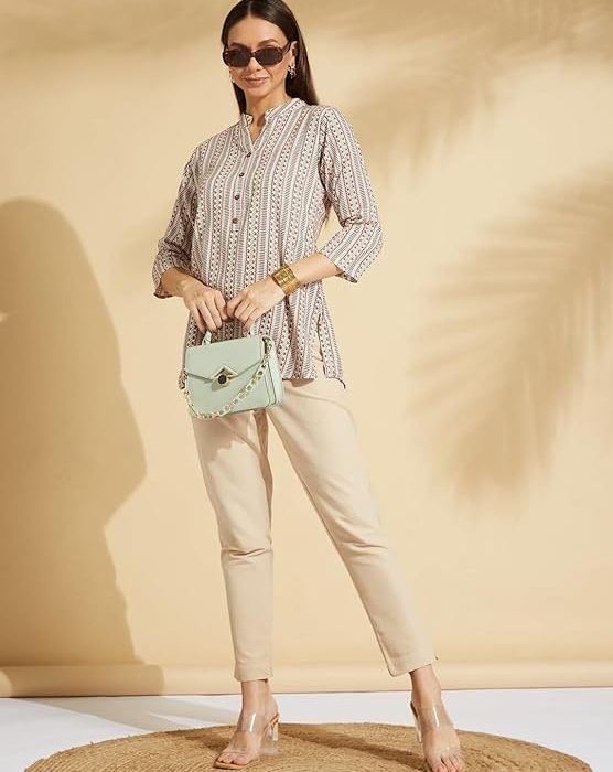Fabclub Rayon Striped Printed Straight Women Tunic Kurti