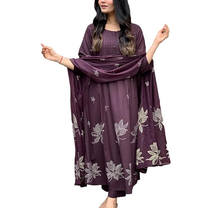 GoSriKi Women's Rayon Viscose Anarkali Printed Kurta with Pant & Dupatta