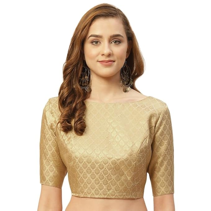 Studio Shringaar Women's Readymade Pastel Brocade Elbow Length Sleeves Saree Blouse