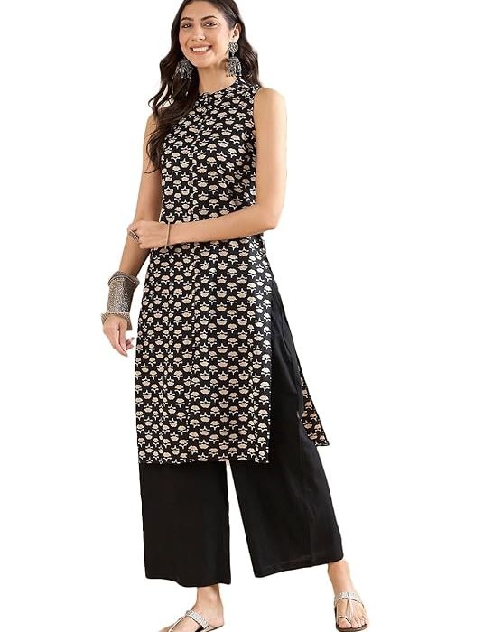 Miss fame Women's Sleeveless Printed Cotton Kurta with Palazzo -Brown