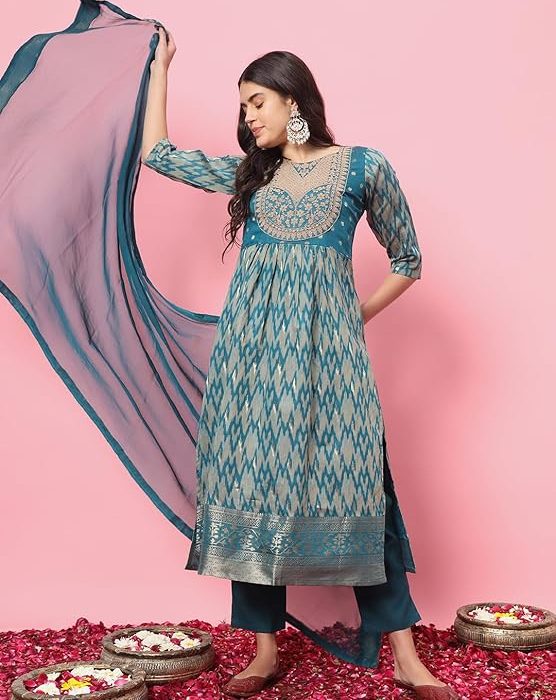 VredeVogel Women's Cotton Silk Kurta Pant Set with Nazmin Jacquard Lace Dupatta