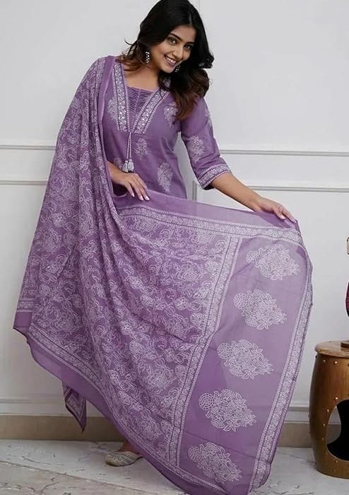 PARTHVI|Women's Pure Cotton Printed with Handwork Kurta with Pants and Dupatta Set