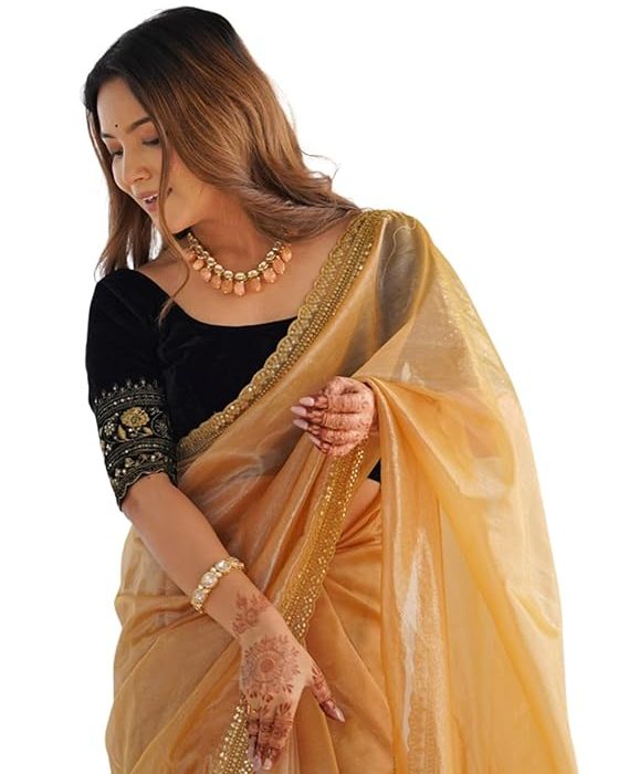 SIRIL Women's Shimmer Net Sequence Embroidery Lace Saree for With Unstitched Blouse Piece