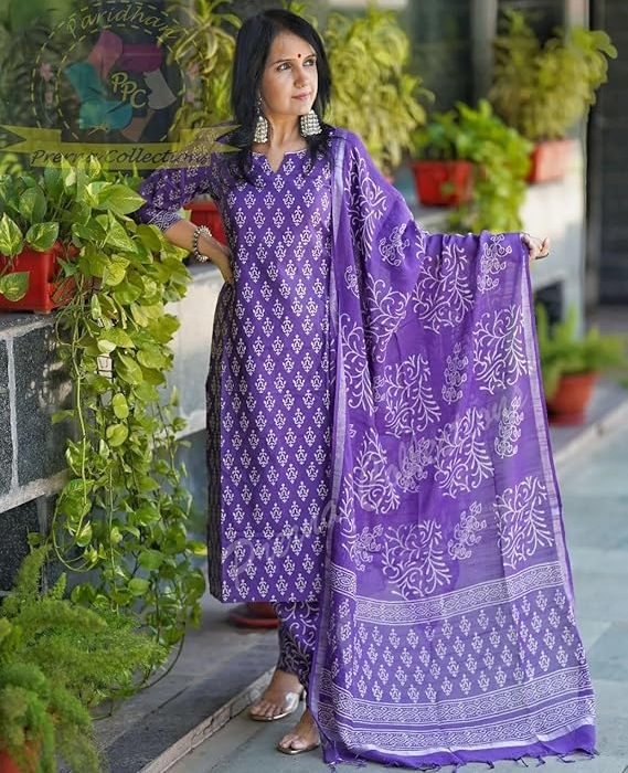 MEERA FAB Women's Cotton Printed Straight Kurta with Palazzo & Dupatta Set