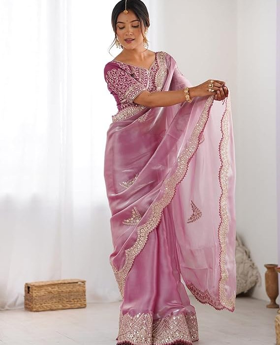 SIRIL Women's Organza Sequence Embroidery Scollped Border Saree With Unstitched Blouse Piece