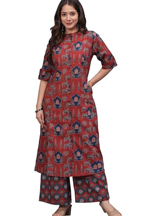 Women's Pure Cotton Printed A-Line Kurta Set with Palazzo Pants - Ethnic Wear, Maroon
