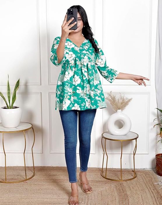 Lamenda Fashions Women's Floral Print Peplum Top, V-Neck, 3/4 Sleeves Top