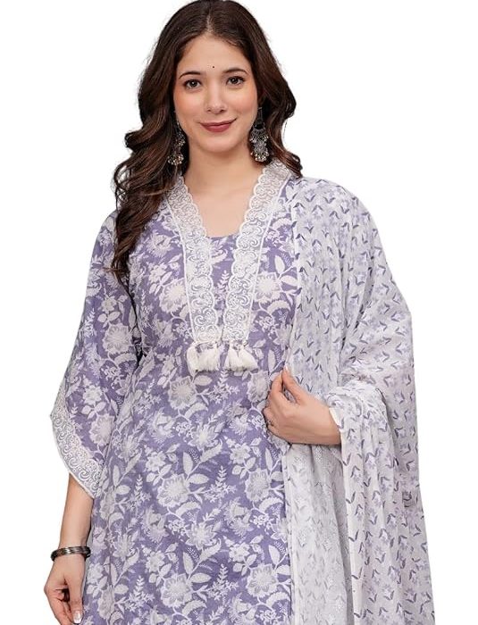 Amayra Women's Pure Cotton Printed Straight Kurta Set with Palazzo Pants & Dupatta- Ethnic Wear, Purple