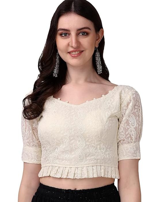 Pujia Mills Women's Georgett Lucknowi Embroidery Puff Sleeve Tie UP Blouse
