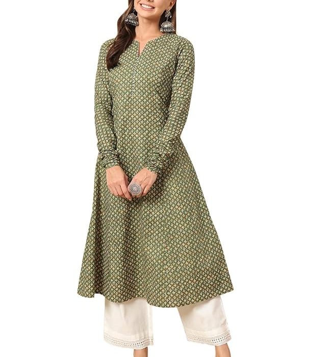 FIORRA Women's Floral Printed Navy Blue Cotton A-Line Kurta