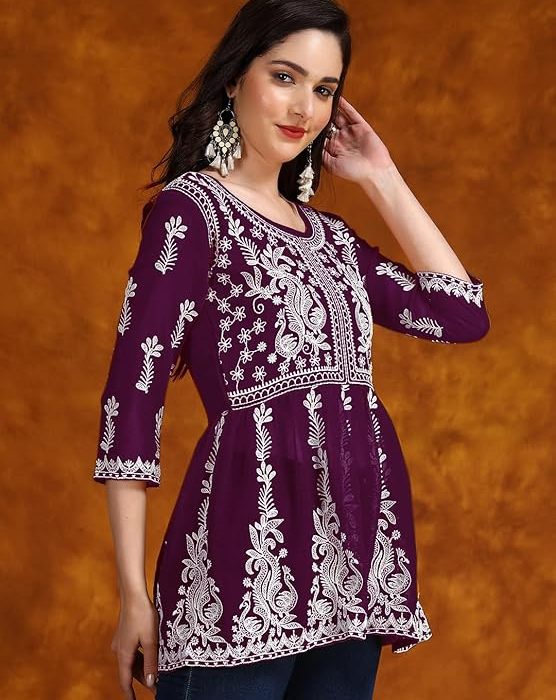 EthnicJunction Georgette Women Chikan Embroidery Short A-Line Kurti | Summer Kurti