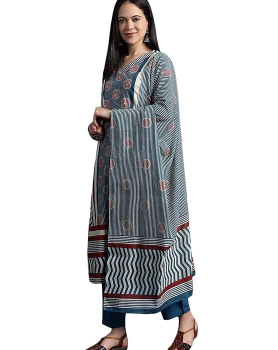 RAJMANDIRFABRICS Women's Cotton Floral Hand Block Printed Straight Kurta Set with Palazzo Pant & Dupatta