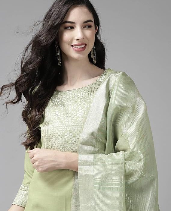 INDO ERA Women's Cotton Yoke Design Straight Kurta Pant with Dupatta Set