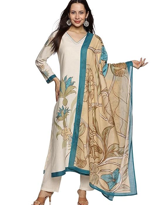 RAJMANDIRFABRICS Women's Cotton Hand Block Printed with Thread Work Straight Kurta Pant with Dupatta Set
