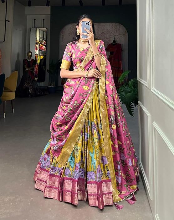Inox fashion Women's print chaniya choli showcases intricate ajrakh print Foil Work Patola Print Semi-stitched Lehenga choli Sets