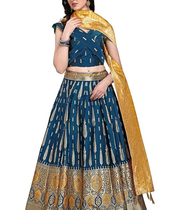 PURVAJA Women's Faux Silk Jacquard Semi-Stitched Embroidered Fabric Lehenga Choli