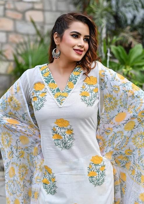 KLOSIA Women Viscose Straight Block Printed Kurta Pant With Dupatta