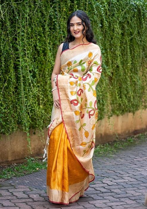 Rashmiwala Women's Multicolor Printed Tussar Silk Saree with Yellow Border with Matching Blouse Peice