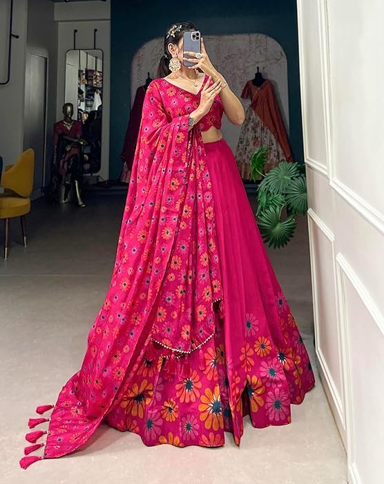 Women's Wedding Special Floral Print With Tussar Sillk Lehenga Choli Set
