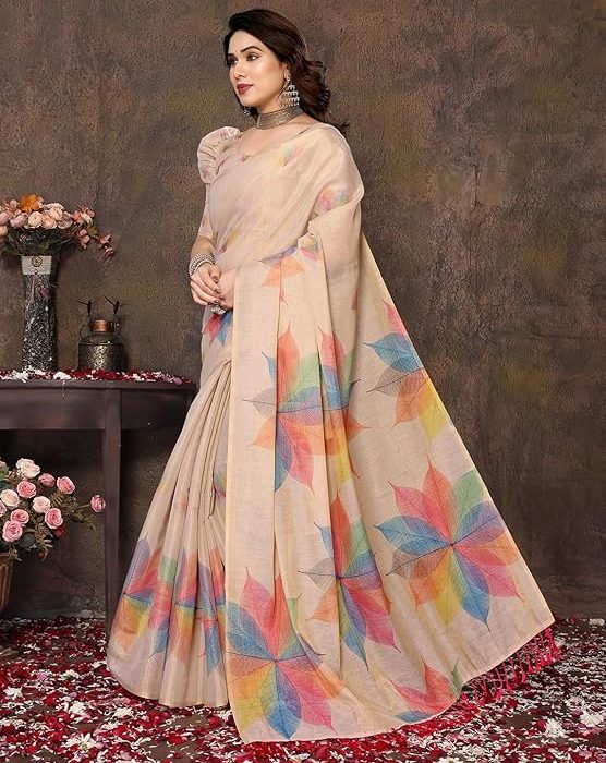 Yashika Women's Chanderi Floral Digital Print Chandheri Saree with Unstitched Blouse Material