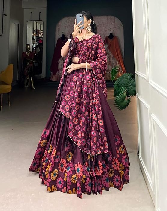 Snazzy Stitch Women's Wedding Special Floral Print With Tussar Sillk Lehenga Choli Set