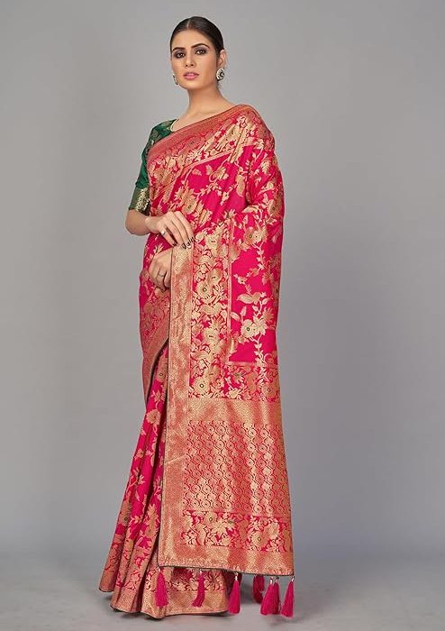 Monjolika Fashion Women's Banarasi Silk Blend Woven Zari With Tussles Saree and Jacquard Woven Blouse