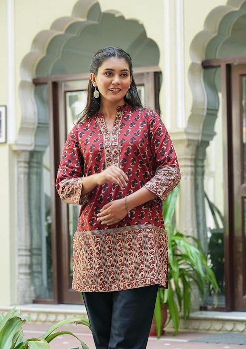 Yash Gallery Women's Maroon Cotton Floral Printed Mid Thigh Length 3/4th Sleeve Mandarin Collar Short Kurti