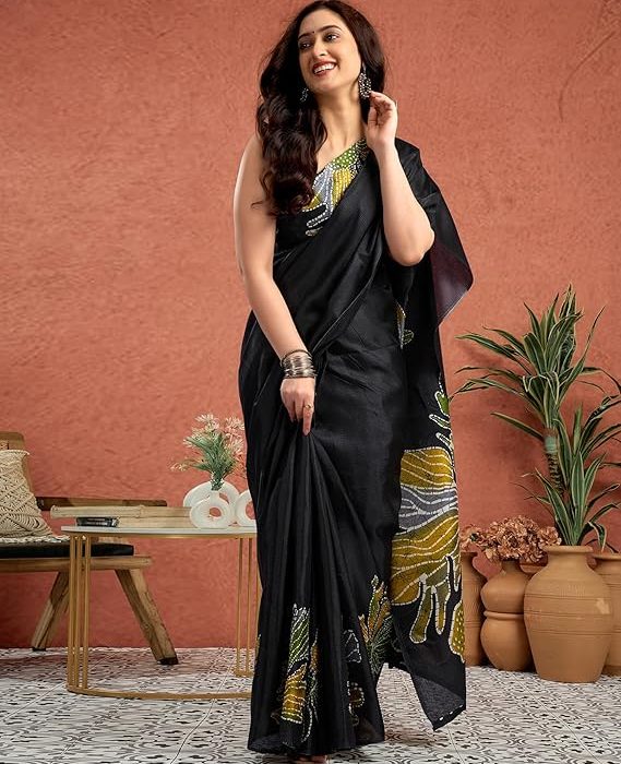 SIRIL Women's Vichitra Silk Printed Saree With Unstitched Blouse Piece