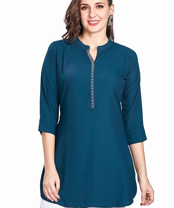 Nioni Women's Straight Short Kurti -Tunic, 3/4 Sleeves, Manderian Collar, Hip Length, for Woman & Girl
