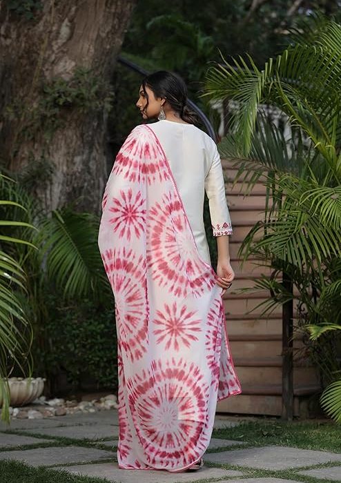 GoSriKi Women's Cotton Blend Straight Embroidered Kurta with Pant & Dupatta