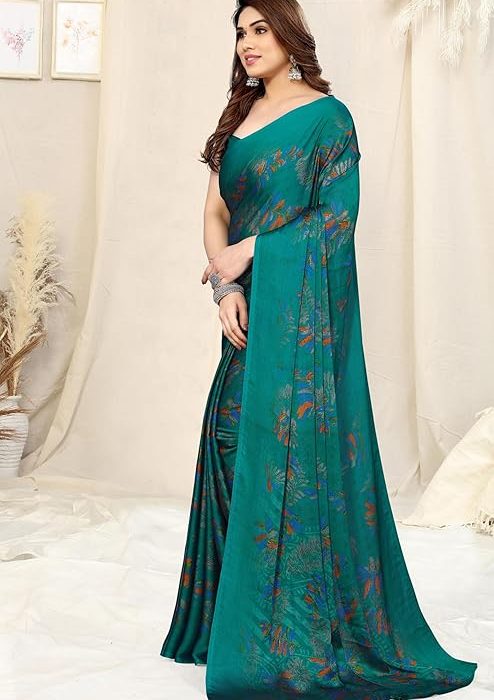 MIRCHI FASHION Women's Stylish Chiffon Leaf Printed Saree with Blouse Piece