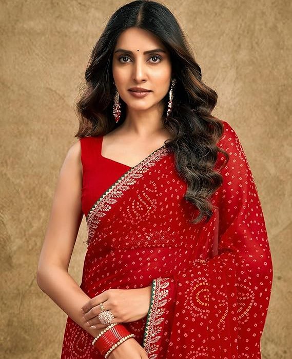 SIRIL Women's Georgette Bandhani Printed Saree, Traditional Wedding Sarees For Women With Unstitched Blouse Piece