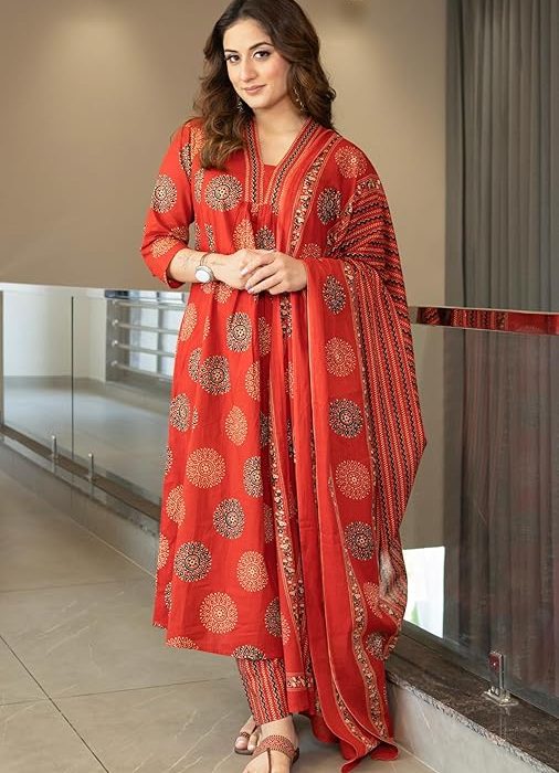Arayna Women's Pure Cotton Intricate Block Printed Ethnic Wear Kurta Set with Palazzo & Dupatta