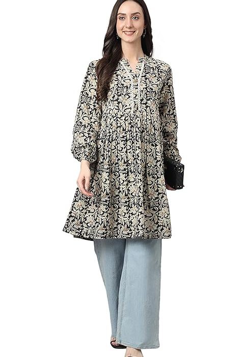Janasya Women's Black Cotton Floral Print Flared Tunic