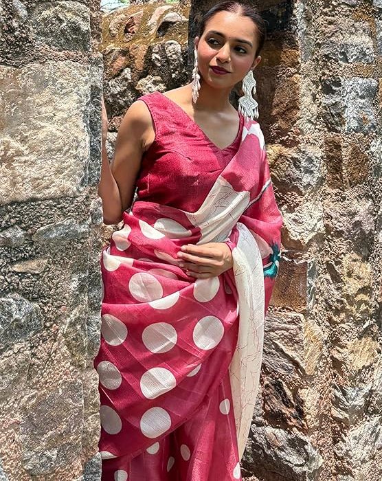 EthnicJunction Womne's Art Silk Printed and Polka Dot Saree With Blouse Piece