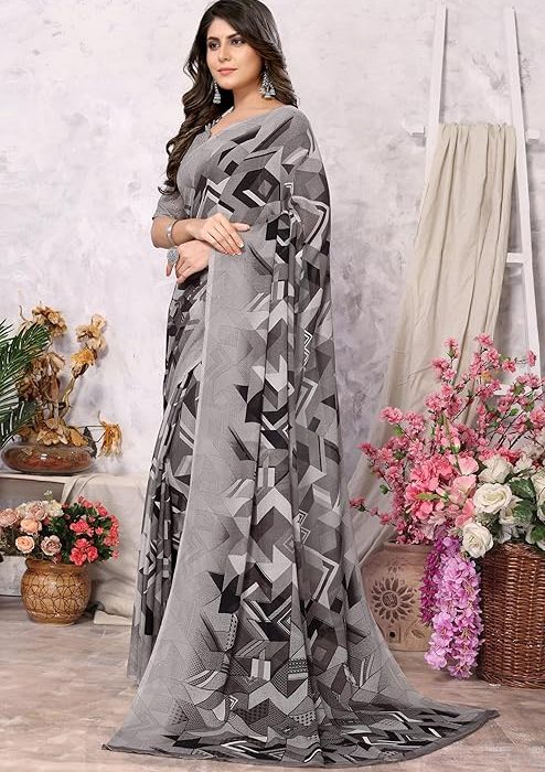 Yashika Women's Trendy Printed Georgette Red Color Saree with Blouse Material
