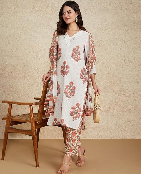 Amazon Brand - Myx Women's Blend Regular Cotton Rich Printed Kurta Pant Set with Dupatta